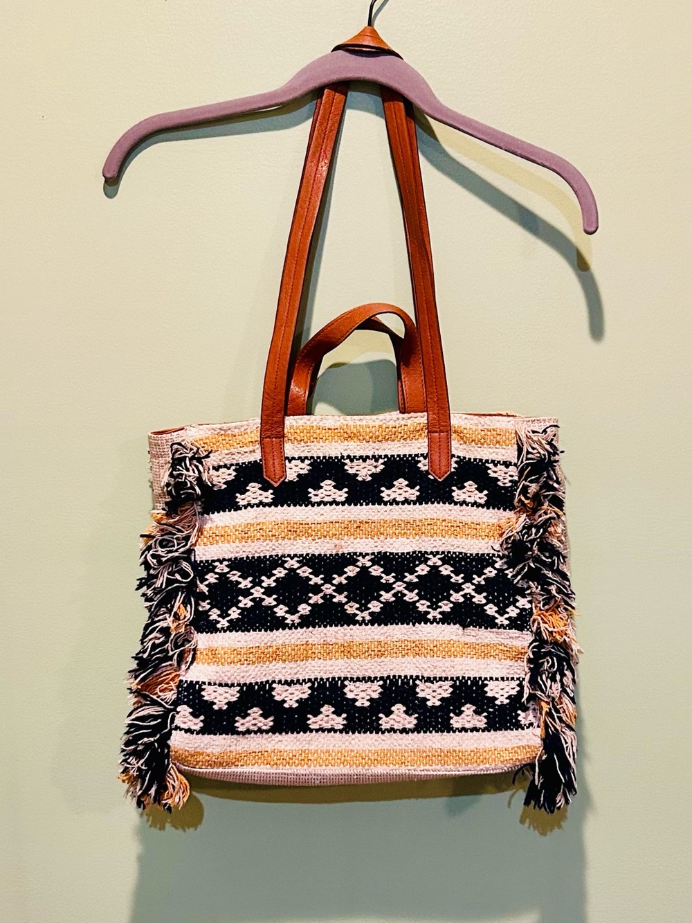 Boho Fringe Woven Tote Bag - Blue, Cream & Tan